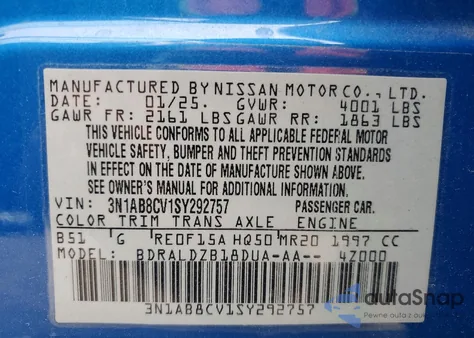 2025 Nissan Sentra Sv from USA, damaged, VIN 3N1AB8CV1SY292757